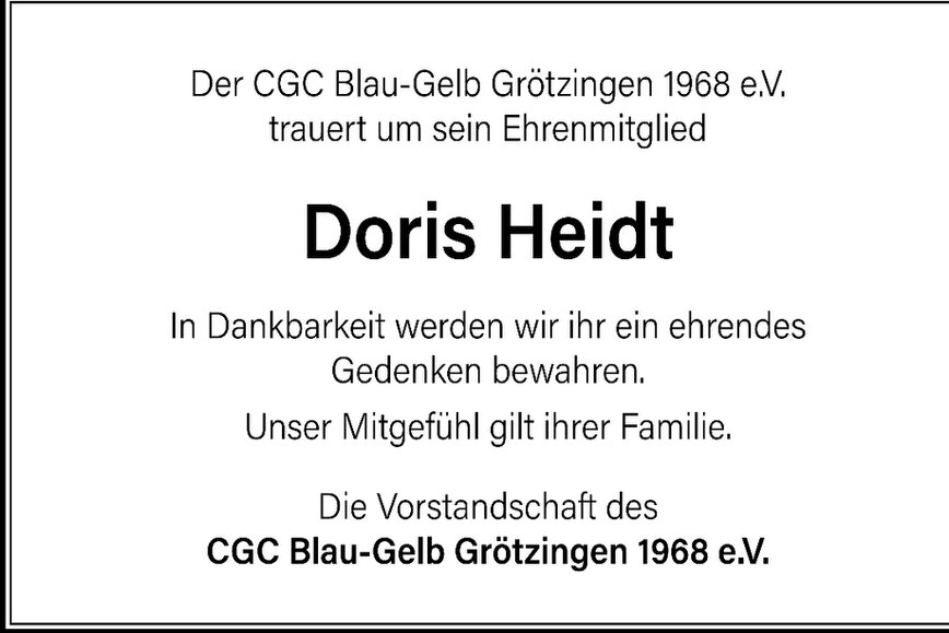 Bild Das Bild zeigt eine Todesanzeige für Doris Heidt (CGC Grötzingen)